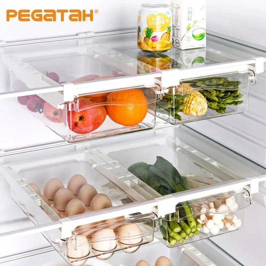 Organizador de refrigerador transparente, caja de almacenamiento para huevos de frutas, cajón debajo del estante, organizador de cocina para mantener la frescura.
