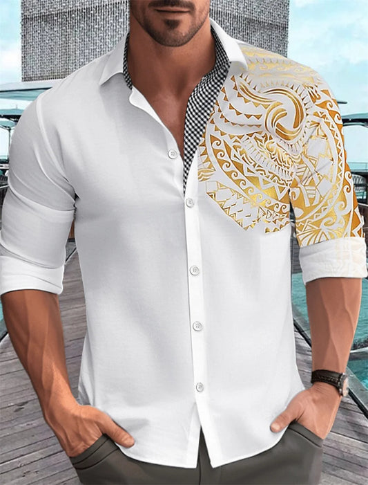 Camisa de hombre con estampado dorado, blanca, negra, roja, manga larga, cuello con botones, estilo casual y moderno, tallas grandes.