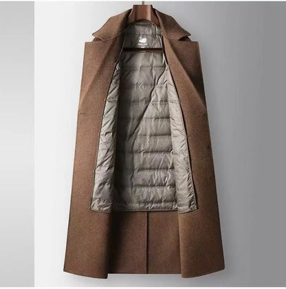 2025 Autumn/Winter New Men's 100% Wool Coat Knee length Double breasted Goose Down Inner Tank Thickened for Warmth