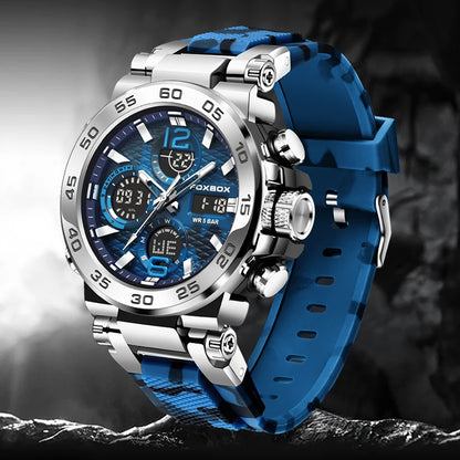FOXBOX - Nuevo reloj deportivo para exteriores para hombre, reloj analógico digital de moda para negocios, reloj de pulsera de cuarzo con alarma resistente al agua y de silicona.
