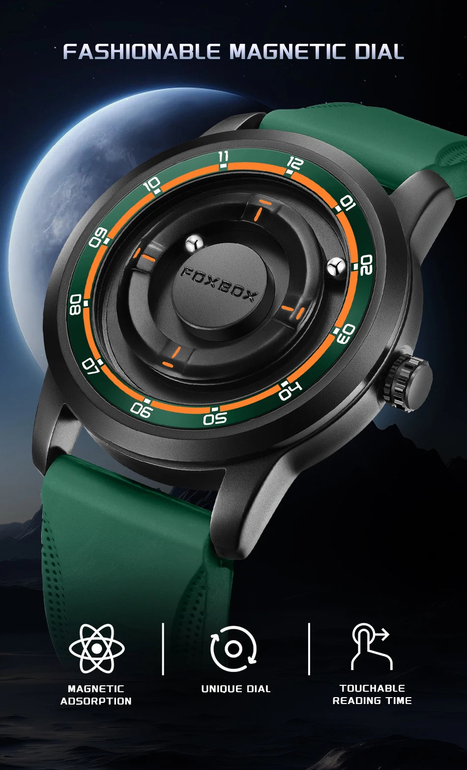 Reloj de pulsera de cuarzo para hombre FOXBOX Fashion, verde, de silicona, resistente al agua, con puntero deslizante y fuerza magnética, para deportes al aire libre.