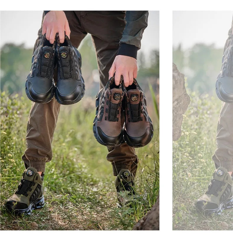 Zapatos de seguridad para hombre, de caña alta, universales para las cuatro estaciones, con hebilla giratoria antideslizante, puntera de acero, antiaplastamiento y antiperforación.