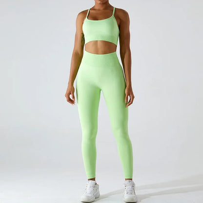 Conjunto de yoga de dos piezas para mujer, sujetador deportivo con espalda cruzada de color liso, top color miel melocotón, leggings de secado rápido para realce de cadera, traje deportivo de fitness