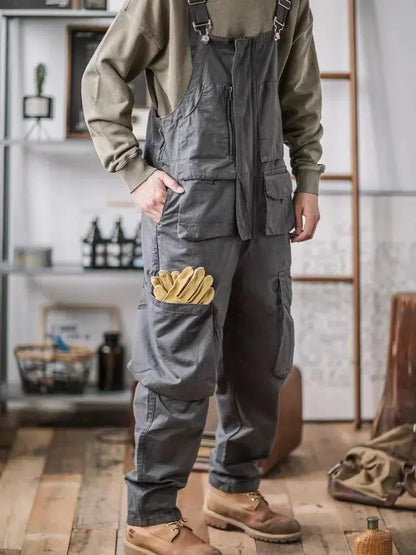 Retro American Cotton Overalls Bibs Loose Washing Jumpsuit Men's Suspenders Four Seasons Full Length Baggy Pants
