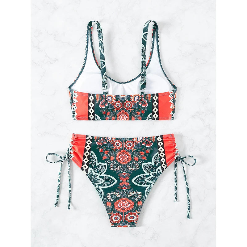 Conjunto de bikini para mujer, novedad de 2025, traje de baño de talla grande con efecto push up y estampado floral grande, ropa de playa.