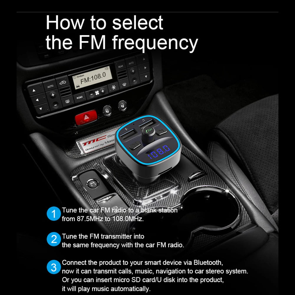Transmisor modulador FM Bluetooth 5.0 portátil para coche con textura clásica, práctico cargador multifuncional para MP3