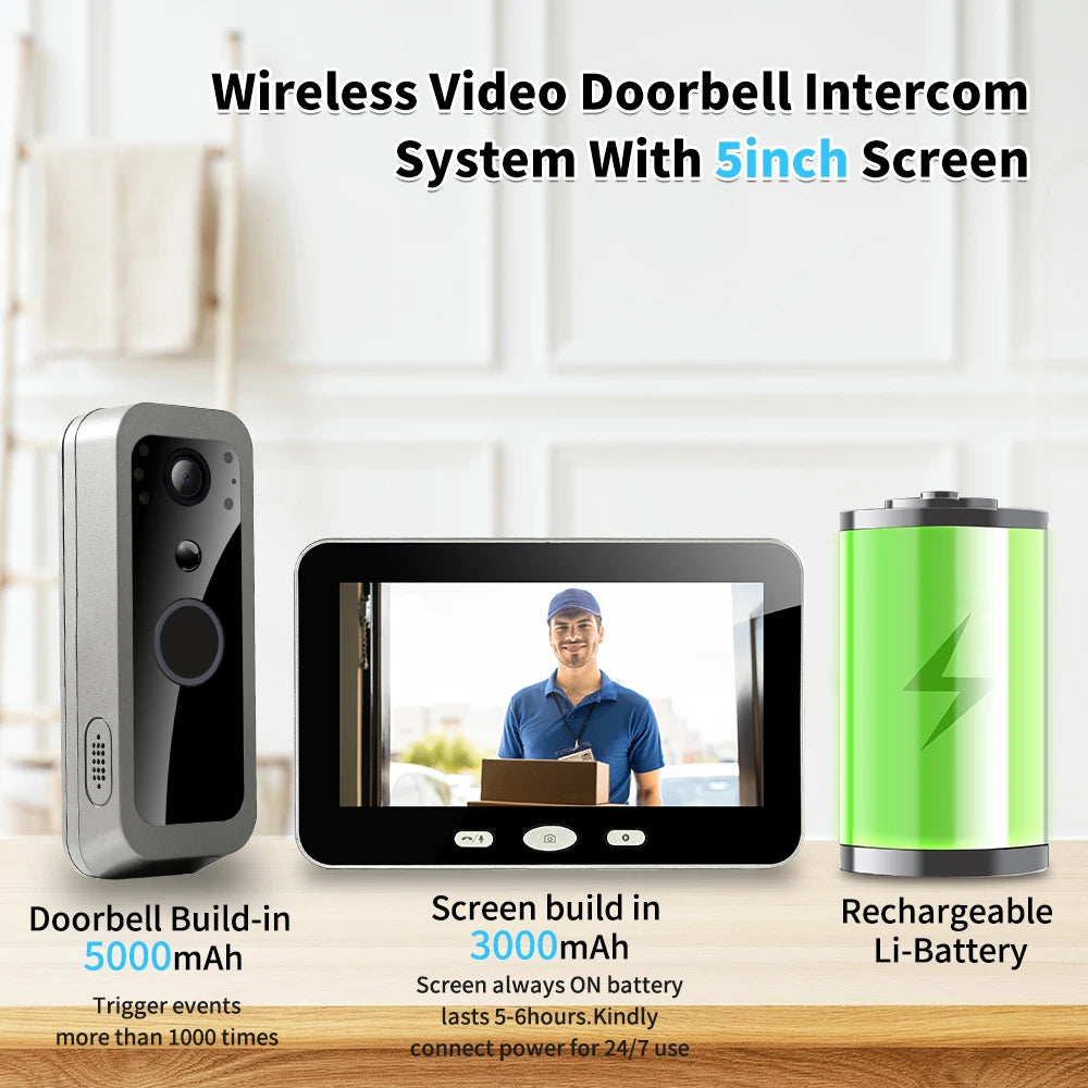 Yuezhe Tuya Smart Life WiFi Video Doorbell PIR Camera 2MP Outdoor Waterproof Wireless Door Security Intercom System 5' Monitor