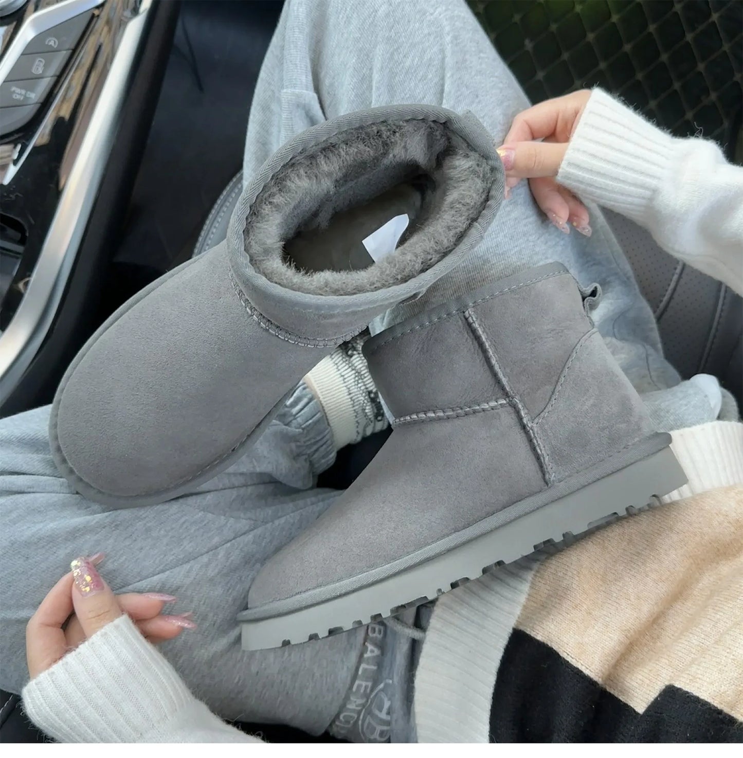 Botas de nieve integradas de piel de oveja y lana para hombres y mujeres, cuero auténtico y piel, botas de invierno gruesas y cálidas para mujer.