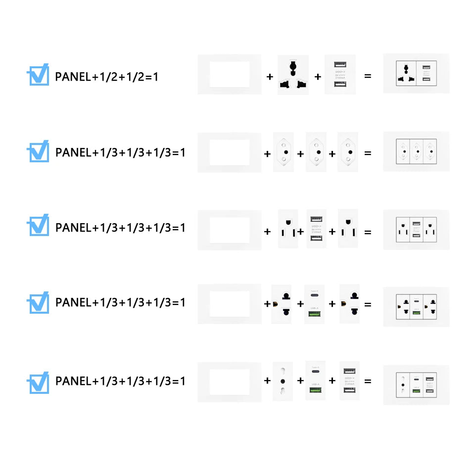 Enchufe de pared USB inteligente tipo C de 20 W con carga rápida para Italia, Chile y México; panel de interruptor de luz eléctrico de Brasil con toma USB-C universal.