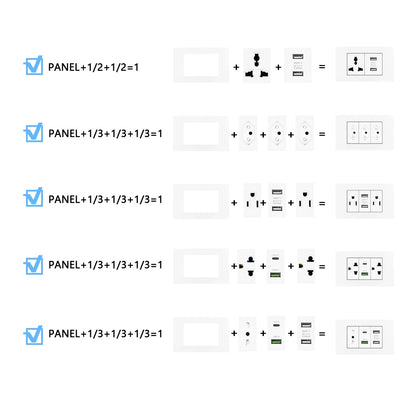 Enchufe de pared USB inteligente tipo C de 20 W con carga rápida para Italia, Chile y México; panel de interruptor de luz eléctrico de Brasil con toma USB-C universal.