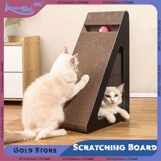Rascador para gatos 2 en 1 de cartón con bola giratoria, resistente al desgaste, con forma de triángulo, estructura vertical para escalar.