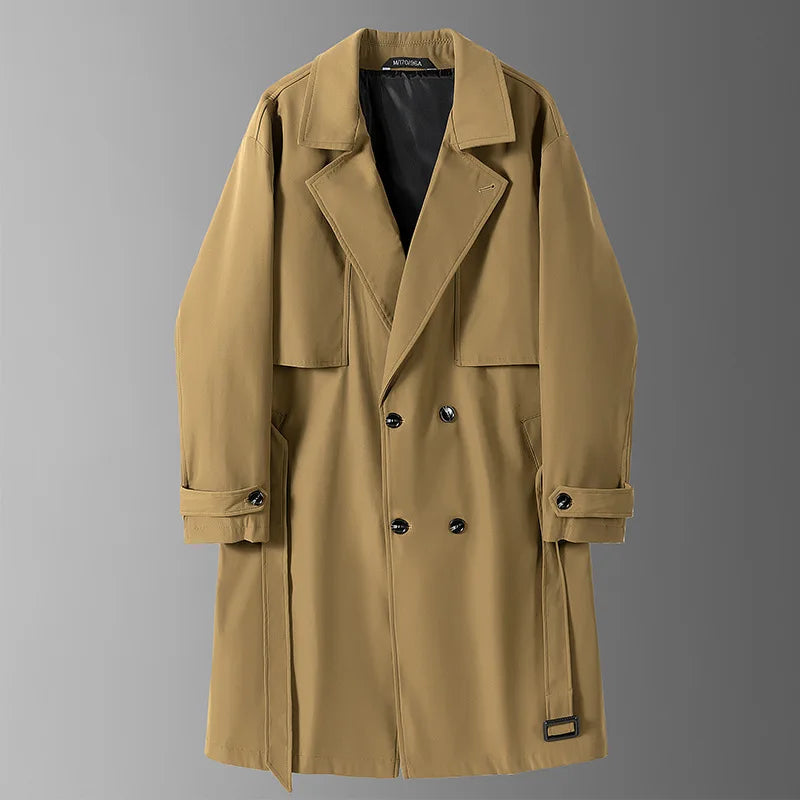 Gabardina larga de hombre, verde militar, corte ajustado, cruzada, con solapa de muesca, cortavientos, ideal para primavera y otoño, estilo casual para actividades al aire libre.