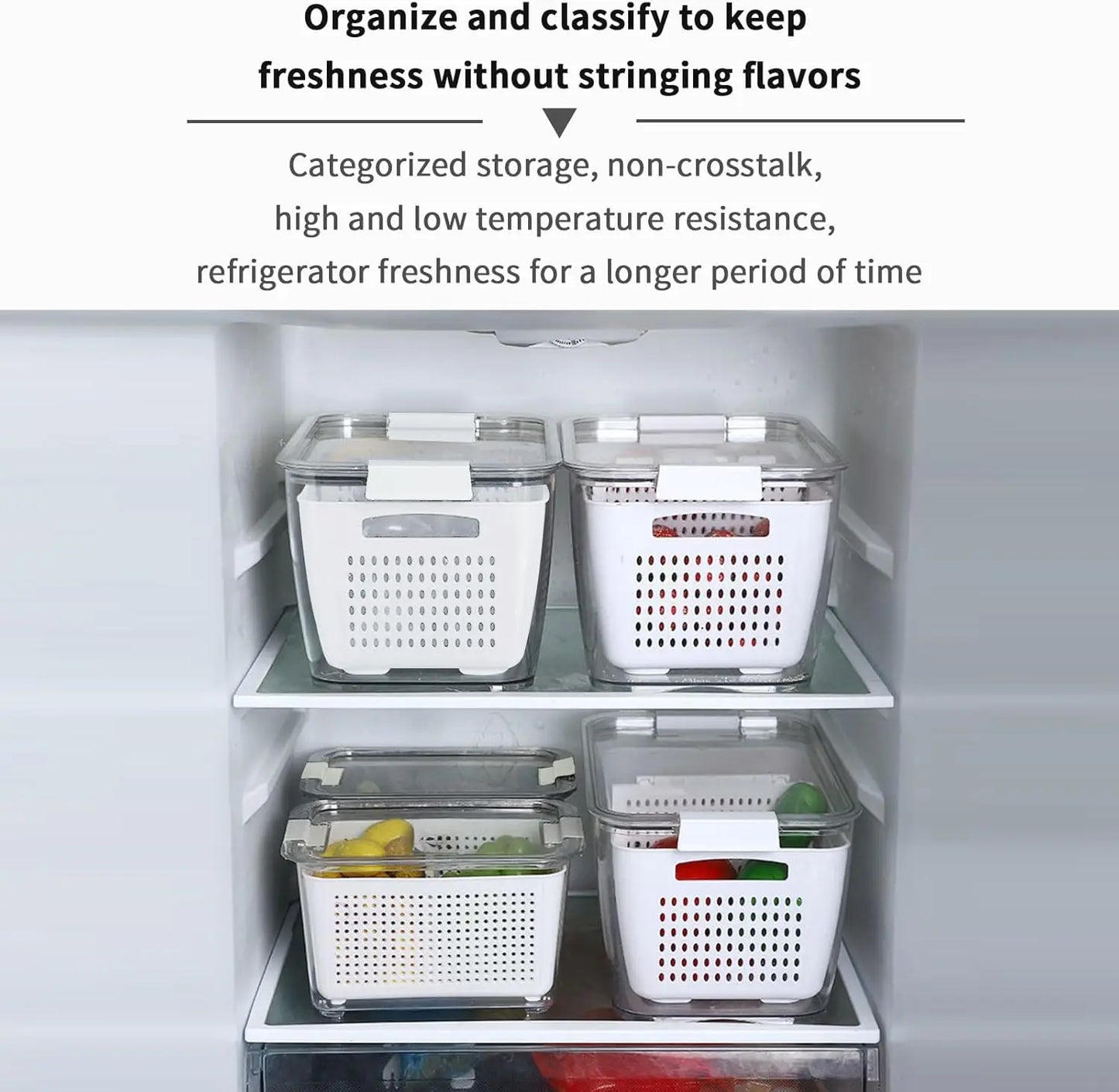 Juego de contenedores de almacenamiento de alimentos para refrigerador con tapas y colador, organizador de plástico para productos frescos, verduras, frutas y carne.