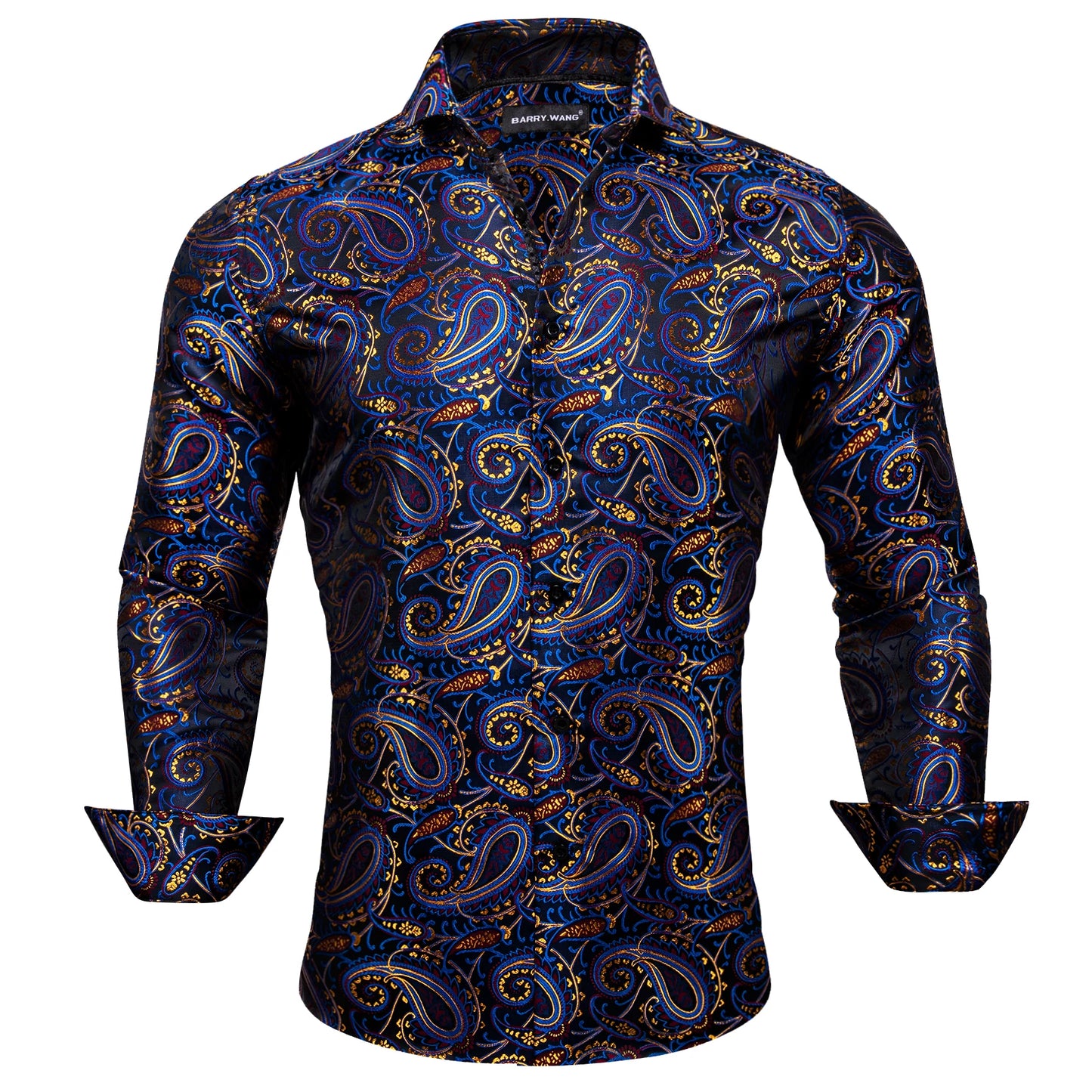 Camisas de seda de diseño para hombre en azul, dorado, verde, rojo, blanco y negro. Estampado cachemir bordado. Corte ajustado. Blusas casuales de manga larga.