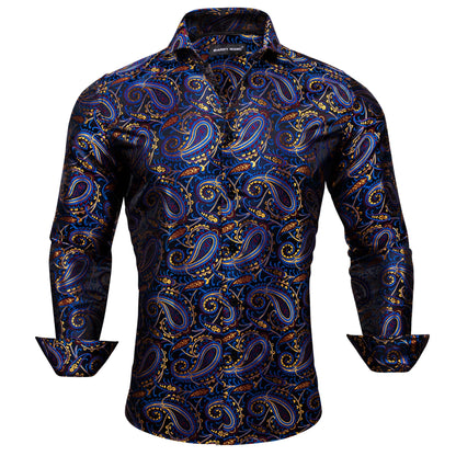 Camisas de seda de diseño para hombre en azul, dorado, verde, rojo, blanco y negro. Estampado cachemir bordado. Corte ajustado. Blusas casuales de manga larga.