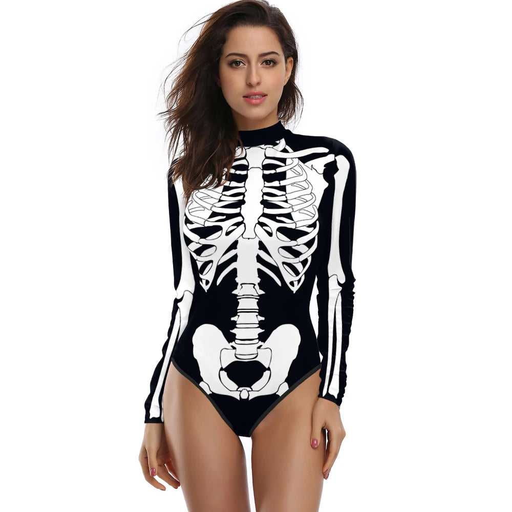 [You're My Secret] Halloween Costume Cosplay Skeleton Print Zenti Bodysuits Carnival Party Jumpsuit Outfit Women Day of The Dead