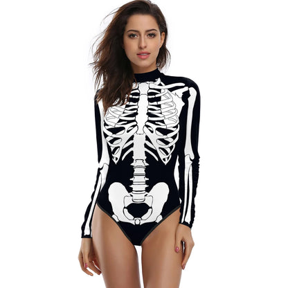 [You're My Secret] Halloween Costume Cosplay Skeleton Print Zenti Bodysuits Carnival Party Jumpsuit Outfit Women Day of The Dead