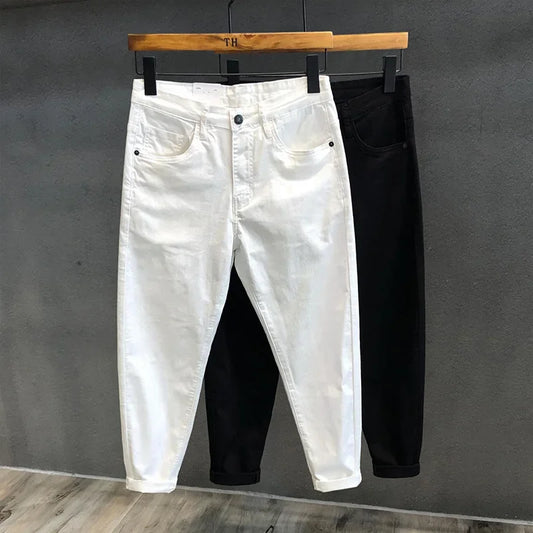 Pantalones vaqueros blancos elásticos de moda de verano para hombre, ajustados, estilo coreano, pantalones cortos, ropa informal de alta calidad.