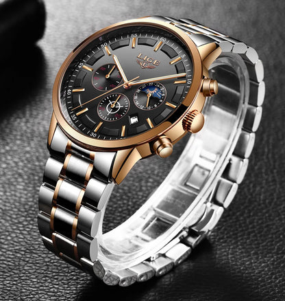 LIGE - Reloj de negocios para hombre, de cuarzo, de lujo, resistente al agua, 3 barras, cronógrafo luminoso, regalo + caja