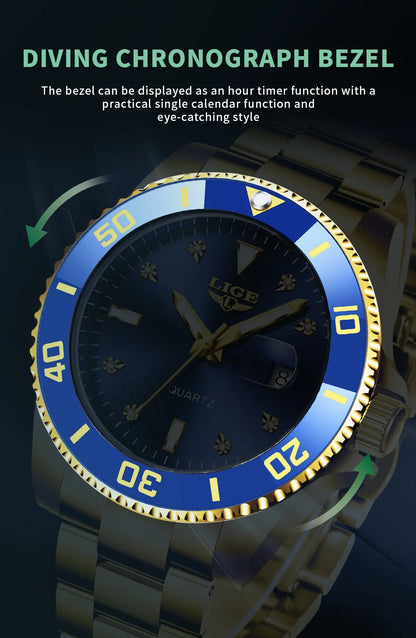 Relojes de moda LIGE para hombre, de lujo, luminosos, con calendario, para negocios, resistentes al agua, cronógrafo, de acero inoxidable, de cuarzo.