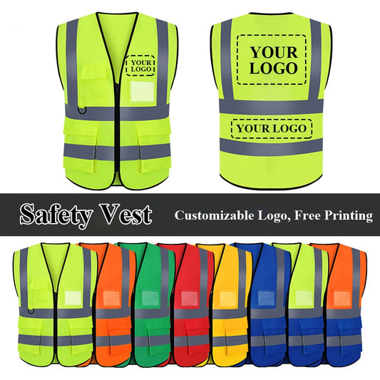 Chaleco de seguridad con logotipo personalizado para hombre y mujer, de alta visibilidad, con bolsillo y cremallera, para trabajo de construcción.