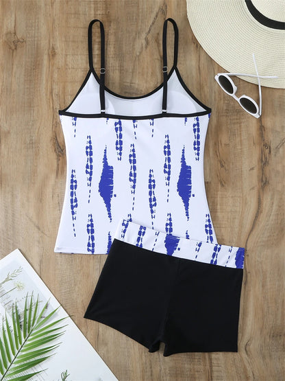Traje de baño de dos piezas para mujer 2025, nuevo traje de baño liso con estampado de tirantes, tankini de verano, pantalones cortos tipo bóxer de cintura alta, traje de baño de playa para mujer