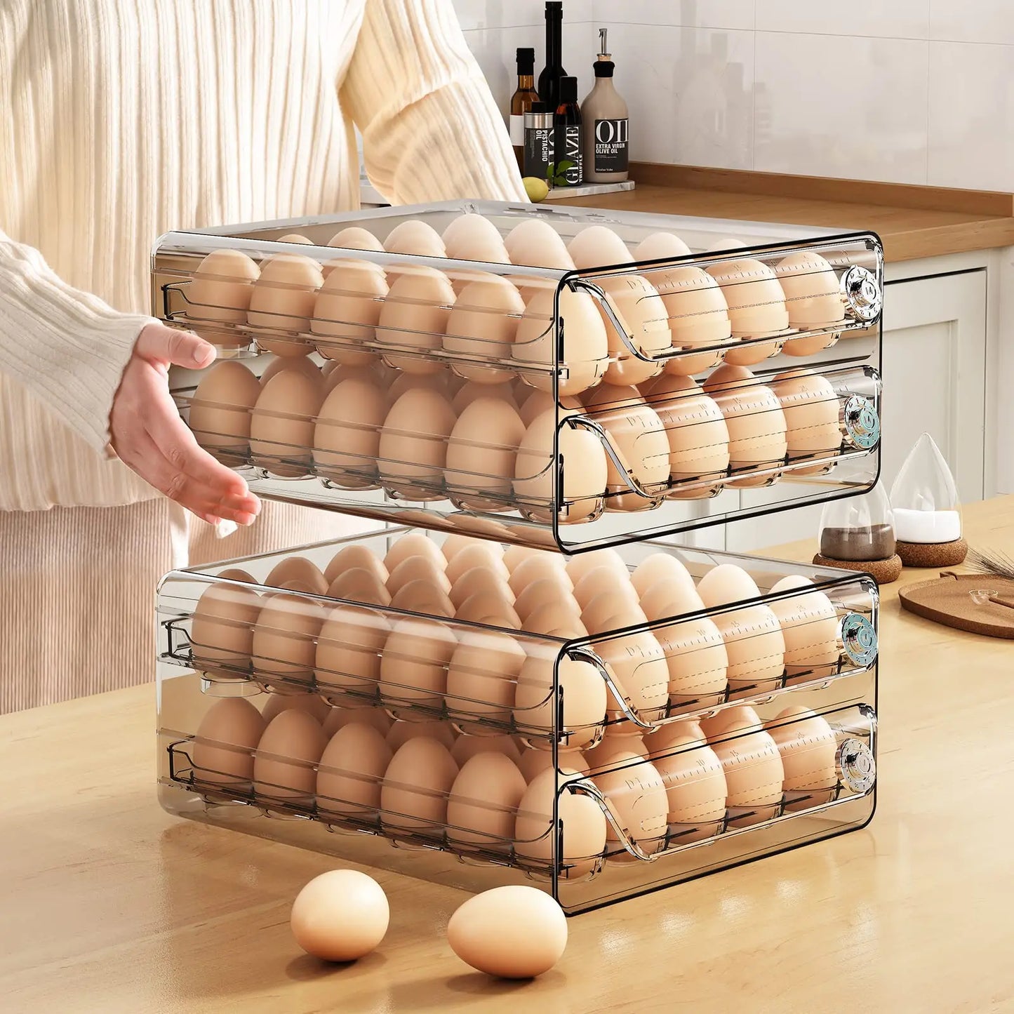 Organizador de cajones para refrigerador con escala de tiempo, huevera transparente para guardar huevos frescos, bandeja de gran capacidad.