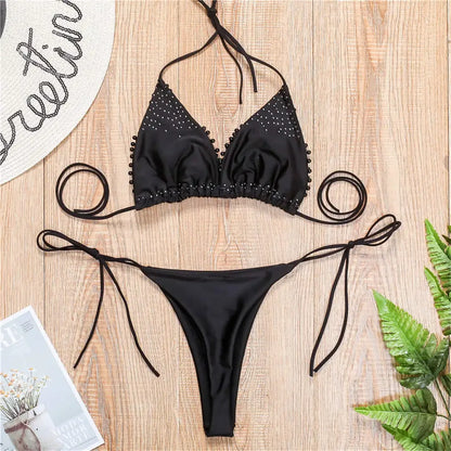 Bikini de lujo con perlas y escote halter, mini bikinis, micro bikinis, traje de baño femenino, conjunto de bikini de dos piezas, traje de baño para mujer