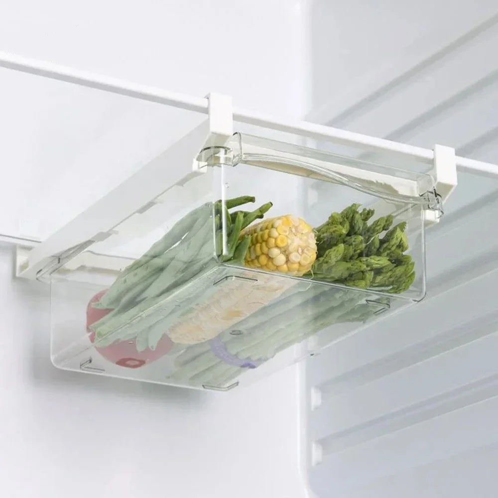 Organizador de refrigerador transparente, caja de almacenamiento para huevos de frutas, cajón debajo del estante, organizador de cocina para mantener la frescura.