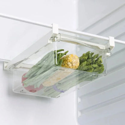 Organizador de refrigerador transparente, caja de almacenamiento para huevos de frutas, cajón debajo del estante, organizador de cocina para mantener la frescura.