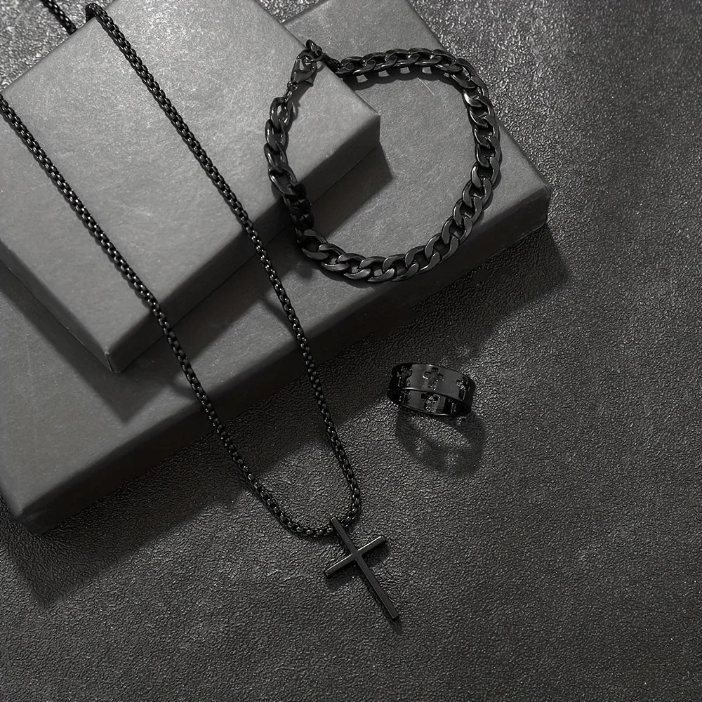 Conjunto de 3 piezas de joyería de aleación de moda para hombre: collar, pulsera y anillo con colgante de cruz.