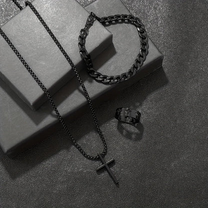 Conjunto de 3 piezas de joyería de aleación de moda para hombre: collar, pulsera y anillo con colgante de cruz.