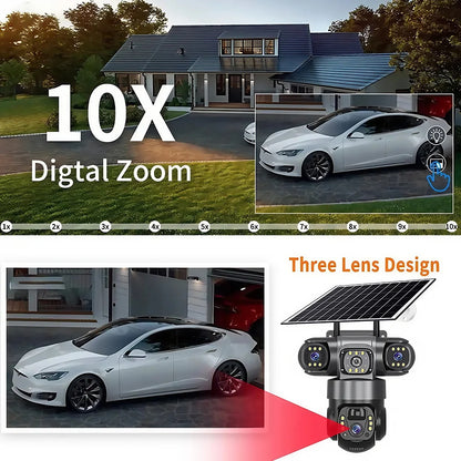 Cámara solar WiFi V380 Pro de 15 MP con 3 lentes, 3 pantallas, zoom 10x, detección de movimiento, resistente al agua, visión nocturna y protección CCTV.