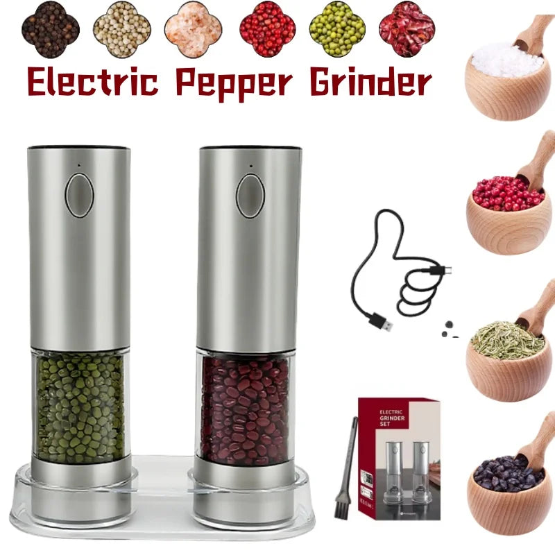 Molinillo de pimienta eléctrico, 2 unidades, recargable por USB, automático, ajustable, con iluminación LED, herramienta de cocina