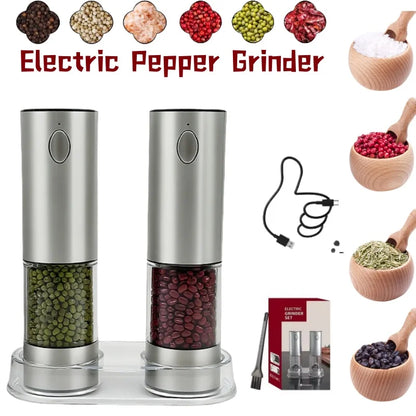 Molinillo de pimienta eléctrico, 2 unidades, recargable por USB, automático, ajustable, con iluminación LED, herramienta de cocina