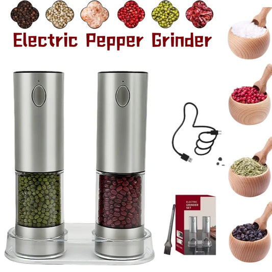 Molinillo de pimienta eléctrico, 2 unidades, recargable por USB, automático, ajustable, con iluminación LED, herramienta de cocina