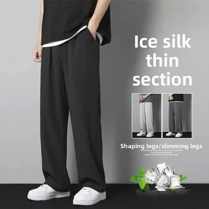 Pantalones de verano de seda de hielo para hombre, finos, holgados, de pierna recta, deportivos, de secado rápido, informales, de pierna ancha y largos, para estudiantes