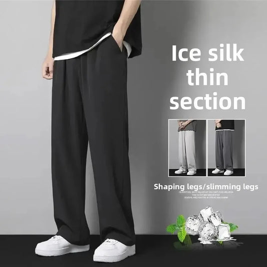 Pantalones de verano de seda de hielo para hombre, finos, holgados, de pierna recta, deportivos, de secado rápido, informales, de pierna ancha y largos, para estudiantes