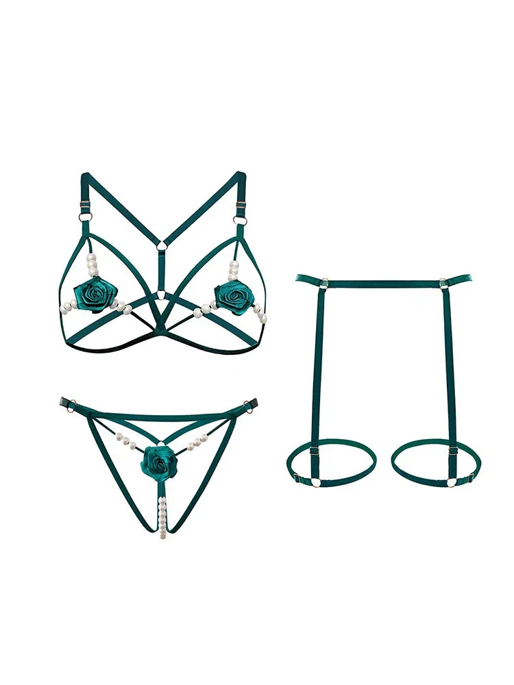 Lencería sexy para mujer, ropa interior abierta con abertura anal, sujetador con perlas huecas, pijama sexy de encaje, disfraz erótico de 3 piezas