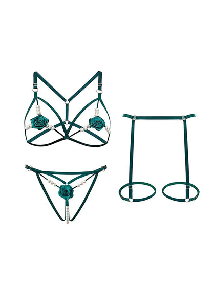 Lencería sexy para mujer, ropa interior abierta con abertura anal, sujetador con perlas huecas, pijama sexy de encaje, disfraz erótico de 3 piezas