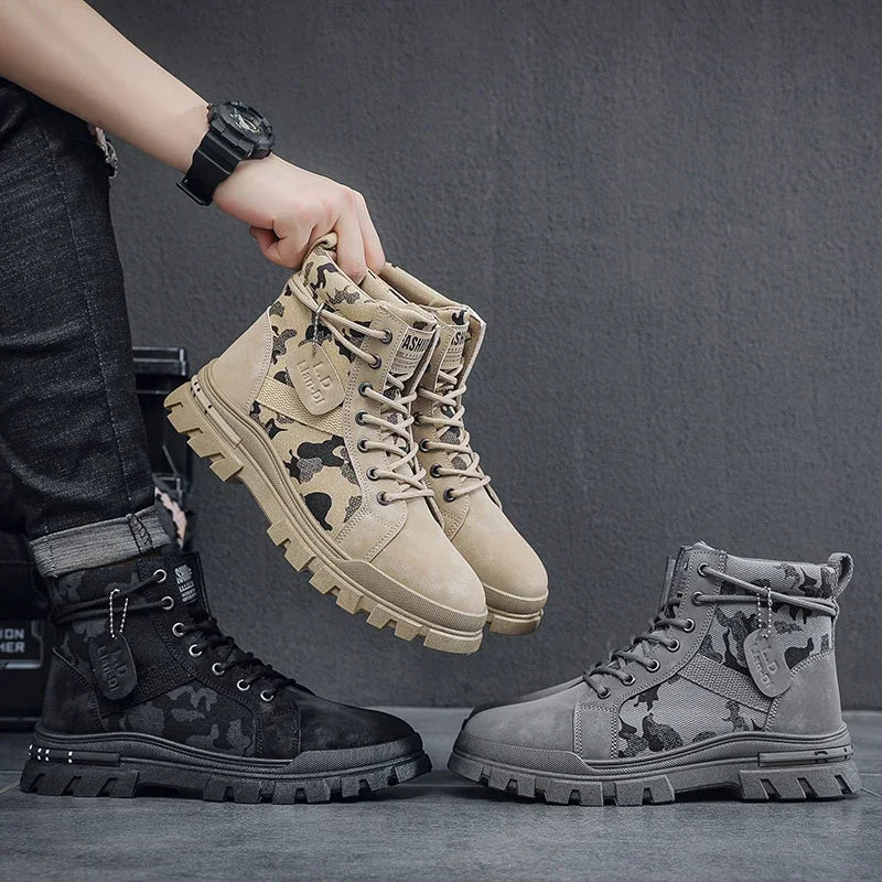 Botas altas para hombre, suela plana, ligeras, para senderismo, exteriores, negras, para correr, tenis, caminar, motocicleta