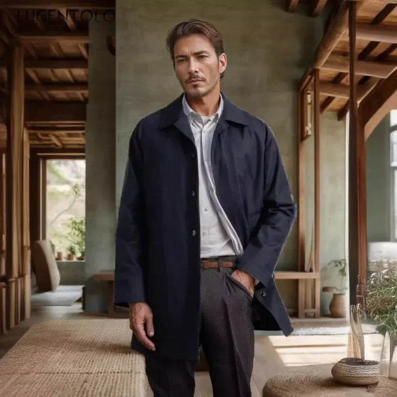 Chaqueta informal para hombre, otoño 2024, gabardina larga, color liso, solapa, corte ajustado, cárdigan de un solo botón, estilo casual y elegante.