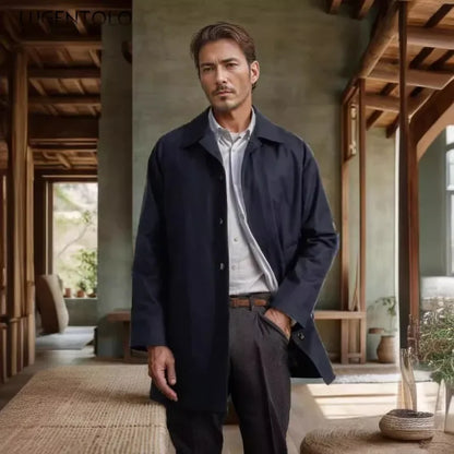 Chaqueta informal para hombre, otoño 2024, gabardina larga, color liso, solapa, corte ajustado, cárdigan de un solo botón, estilo casual y elegante.