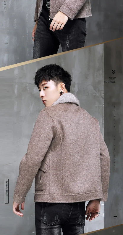 AYUNSUE Spring Autumn Wool Coat Men Double-sided Alpaca Jacket Mink Fur Collar Mens Coats and Jackets Overcoat 1970B KJ3859