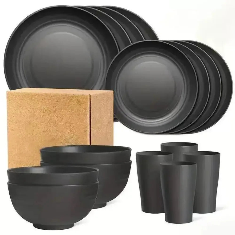 NUEVO Juego de 16 piezas de cuencos, tazas y platos, vajilla negra pura, platos de plástico para la cena y vasos de agua, regalo