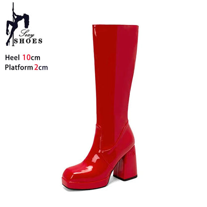 Botas altas impermeables para mujer, con plataforma de 10 cm y punta cuadrada, botines de invierno 2025 hasta la rodilla con tacón grueso, talla grande 43