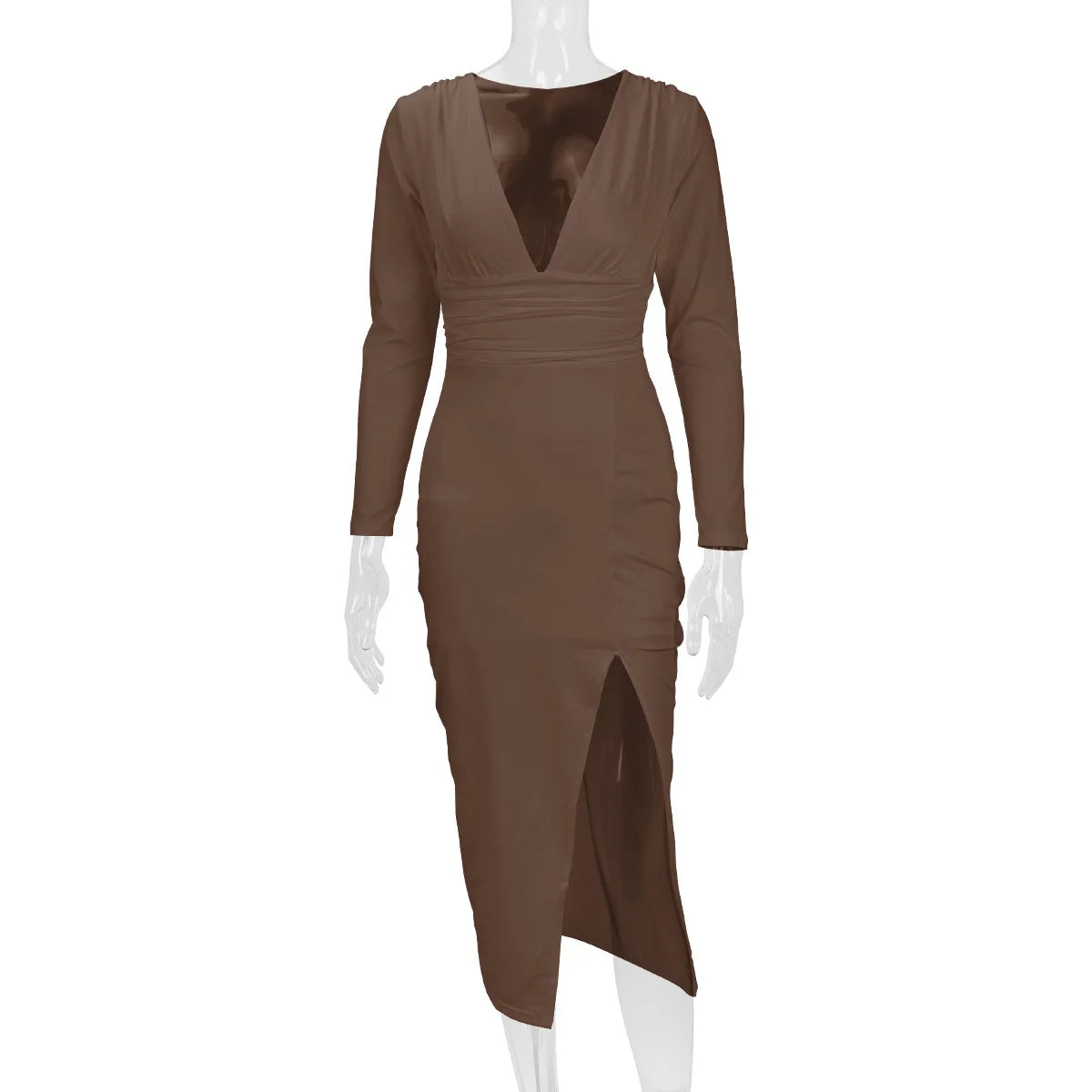 2025 Autumn Winter Female Fashion Slim Fit Long Sleeve V Neck Dress Women's Sexy Slit Knee Length Midi Dress Regular Shoulder