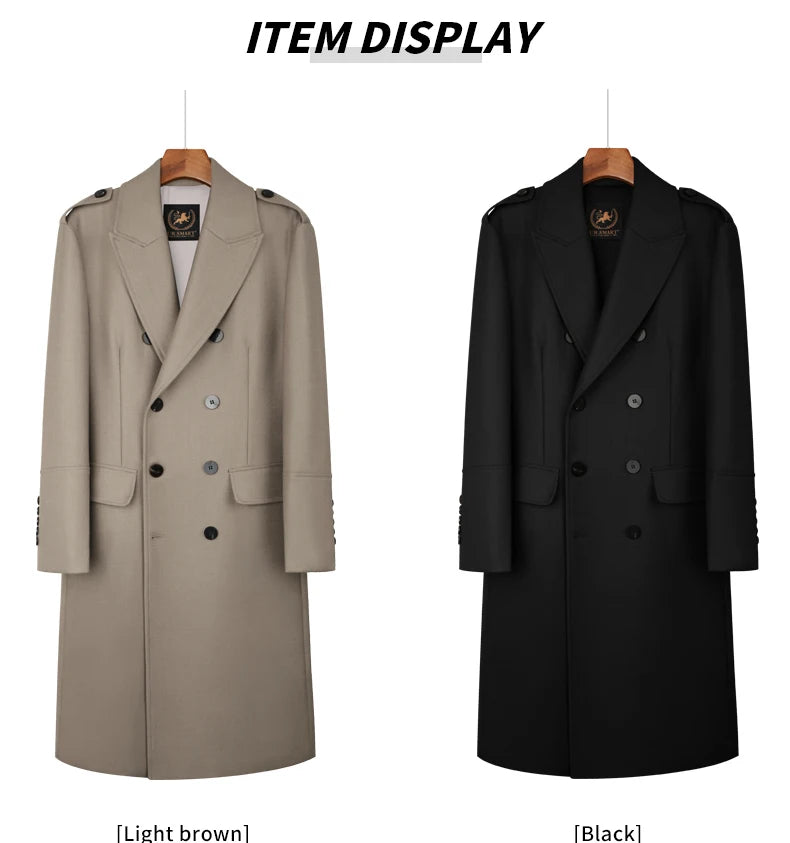 Worsted pure wool coat for men super long, knee length double breasted thickened and warm classic business wool coat for men