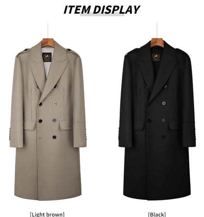 Worsted pure wool coat for men super long, knee length double breasted thickened and warm classic business wool coat for men