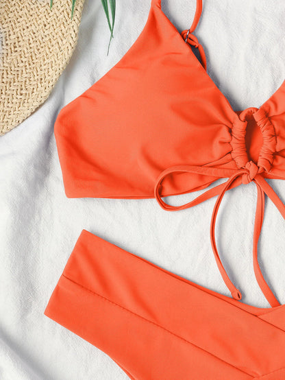 Nuevo conjunto de bikini de alta elasticidad para verano de 2025, dos piezas, color sólido, con cordones, traje de baño sexy para mujer, traje de baño de playa.